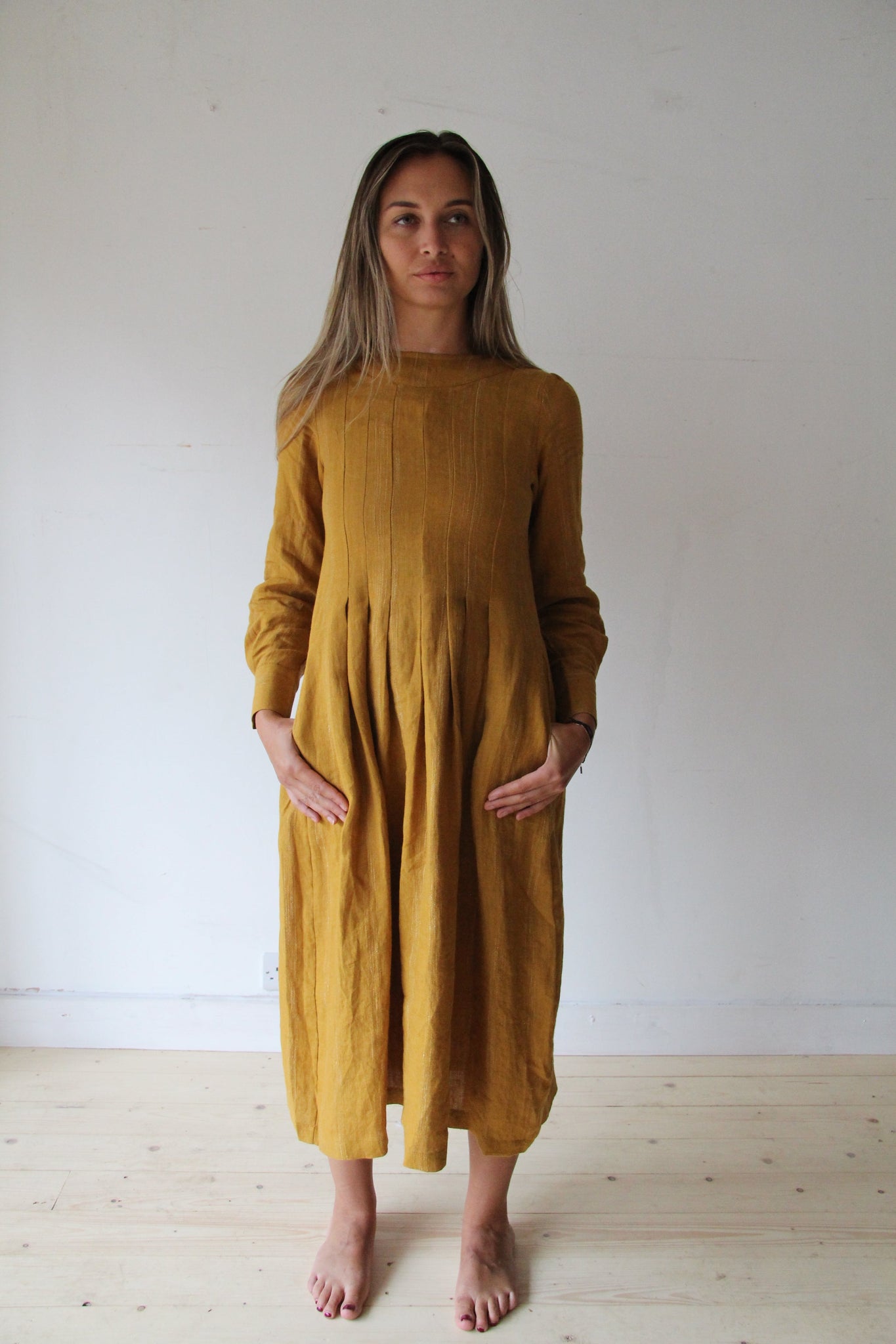 WDTS  - Tilly dress - Mustard Linen with a grey thread